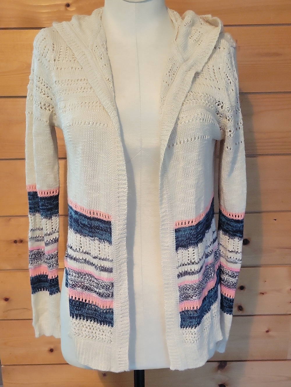 Long Sleeve Cardigan Knit Sweater Neutral Stripe Lightweight Girls Med 10-12